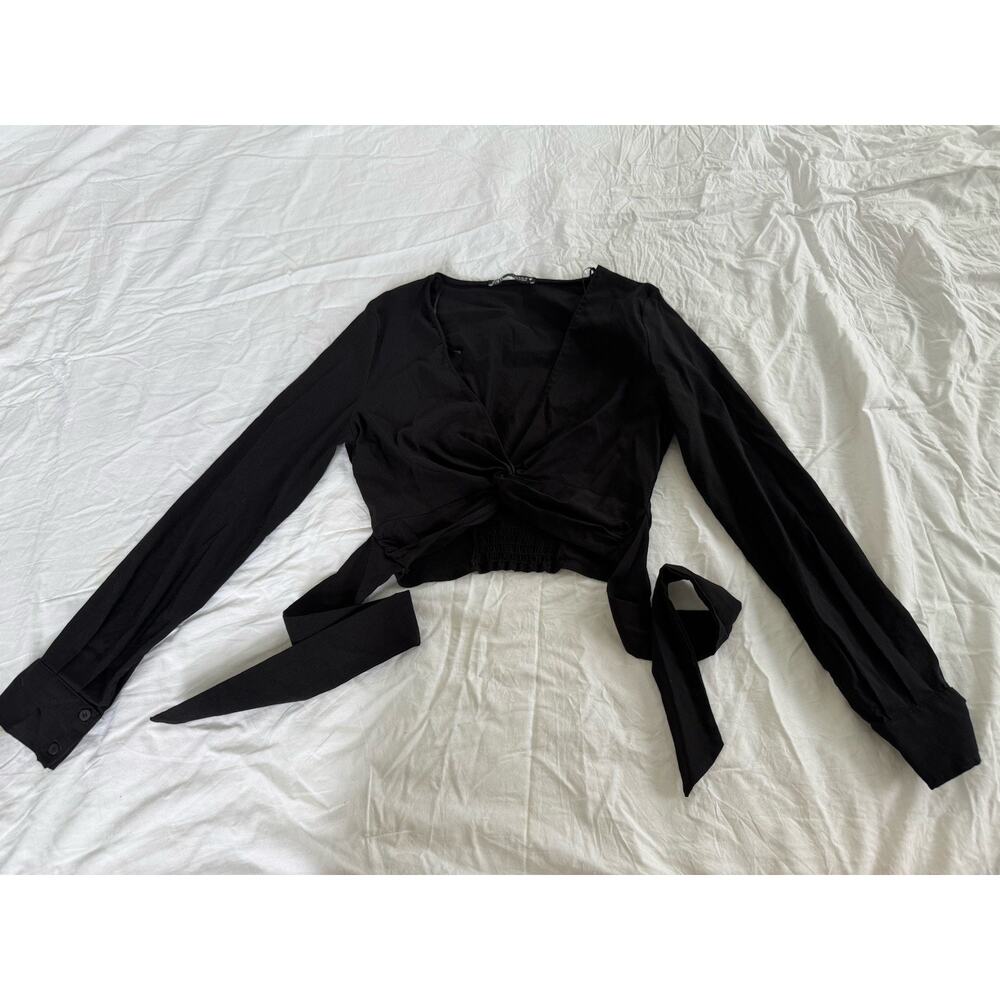Zara Black Knot Tie Cropped V-Neck Long Sleeve Blouse Women's M